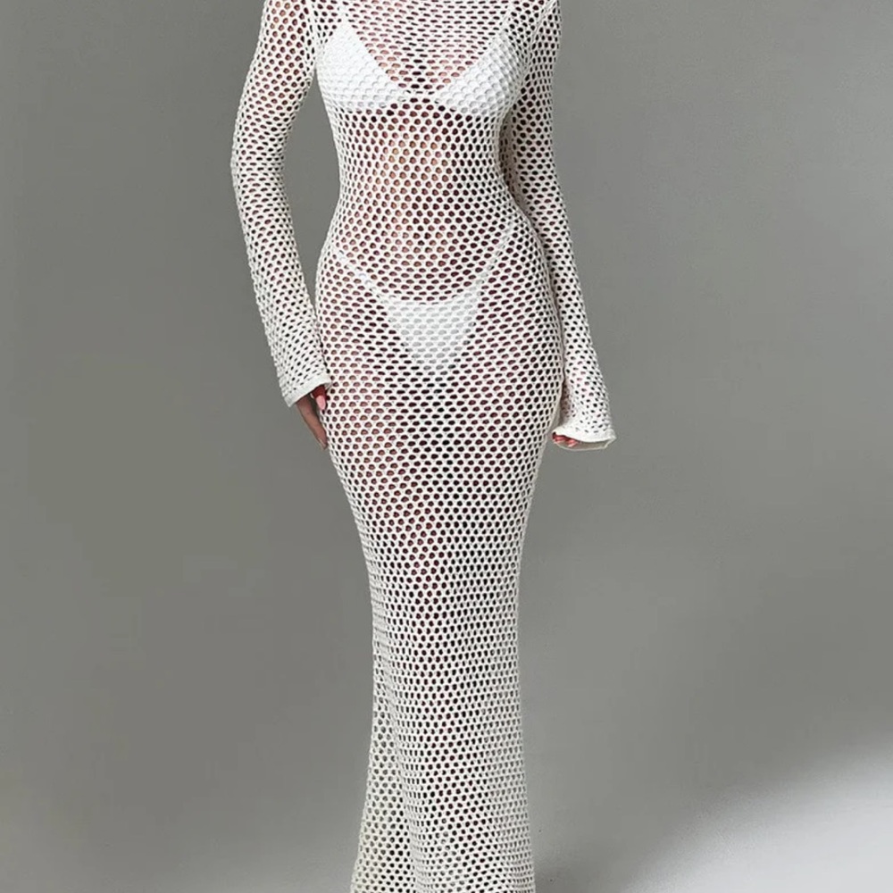 Elegant White Mesh Maxi Cover Up Dress